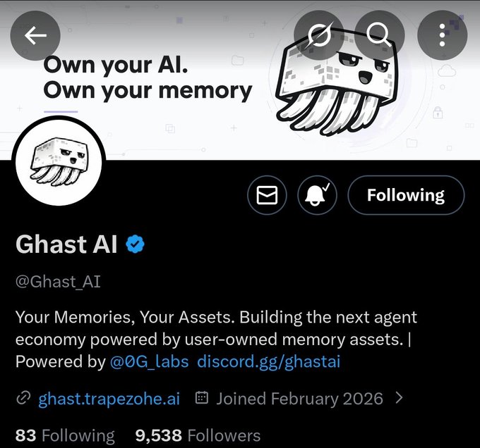 A screenshot of the Ghast AI (@Ghast_AI) Twitter/X profile showing its "Own your AI. Own your memory" banner with a ghost mascot, verified badge, 9,538 followers, joined February 2026, and a bio describing it as building a user-owned memory assets agent economy powered by @0G_labs. The post highlights Ghast AI as an on-chain desktop AI for macOS using 0G Compute and Storage, formerly known as Trapezohe AI, with a 600 supply free mint.