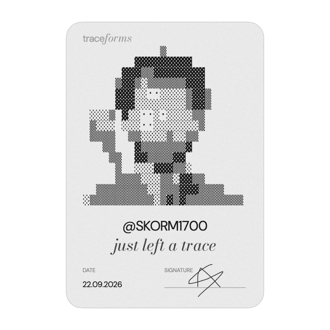 A 'traceforms' digital card dated 22.09.2026 features a black and white halftone portrait with the username @SKORMI700 and the phrase 'just left a trace'.