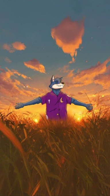Stylized digital artwork of a husky wearing a purple shirt with arms outstretched in a wheat field at sunset, with dramatic orange clouds above.