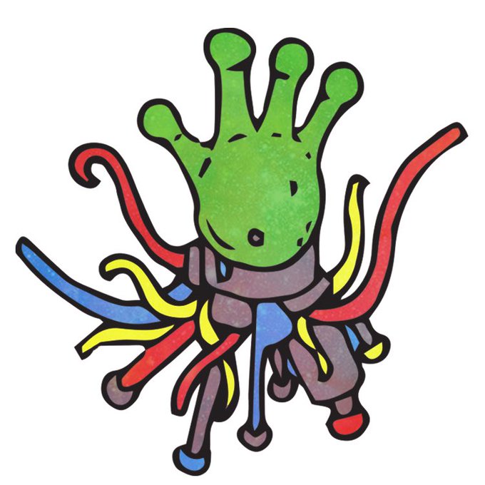 A colorful illustration of a green, hand-shaped creature with multiple tentacle-like limbs in red, blue, yellow, and brown, possibly an original or character design.