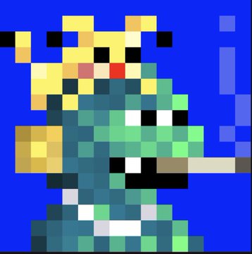 Pixel art of Link from The Legend of Zelda with a blonde ponytail, green tunic, and sword, set against a blue background.