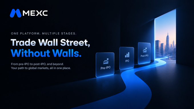 A MEXC advertisement with the tagline 'Trade Wall Street, Without Walls' and 'ONE PLATFORM. MULTIPLE STAGES', featuring icons for Pre-IPO, IPO, and Post-IPO trading stages.
