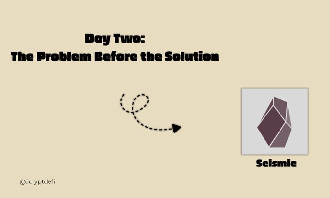 A simple presentation slide with beige background titled 'Day Two: The Problem Before the Solution' featuring a dashed arrow pointing to the Seismic logo (a purple/maroon geometric shape), credited to @3cryptdefi.