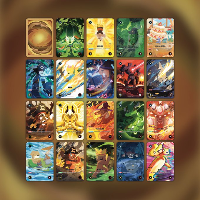 A collection of 20 illustrated trading or game cards is displayed in a grid, with visible names including 'HELIOS', 'MAMA BARK', 'ZAPPY', 'ARIA', 'IDOLS', 'FATES', 'TURBO', 'MADDOX', 'ALTAR', 'WOODLES', 'STENCH', 'MERITO', 'KENZA', 'SHELOW', 'SHIELD', 'HUNTER', and 'BURN'.