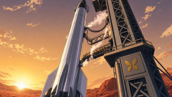 A stylized illustration of a silver rocket on a launch pad at sunset, with steam venting and the sun setting behind mountains in the background.