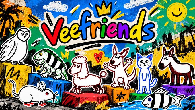 Colorful graffiti-style artwork displaying the 'VeeFriends' logo alongside various cartoon animals like a chameleon, dog, kangaroo, and owl on a vibrant, street-art background.