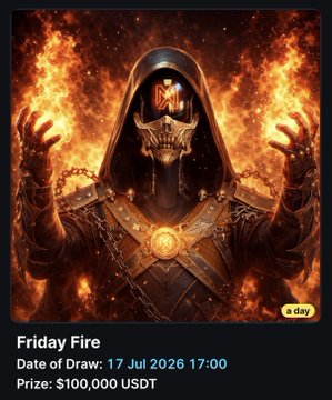 This image promotes a "Friday Fire" draw with a $100,000 USDT prize on July 17, 2026, fitting the post's theme of a "really good opportunity" on metawin.com, where depositing $33 enters you for free. The fiery, powerful imagery visually represents the exciting and potentially profitable nature of the promotion.