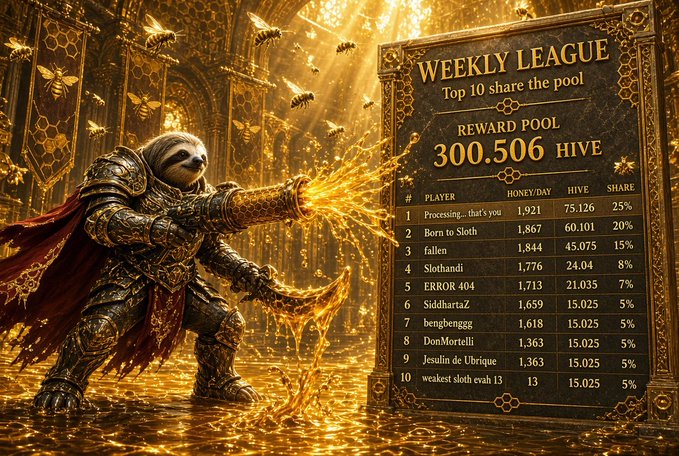 A fantasy-themed 'Weekly League' leaderboard graphic shows a golden sloth-like warrior fighting bees, with a 'REWARD POOL' of '300.506 HIVE' and a top 10 ranking list starting with '1 Processing., that's you'.