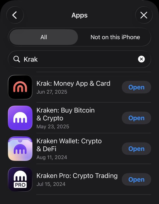 A screenshot of an iPhone's App Store search results for "Krak" displaying four Kraken-related apps (Krak: Money App & Card, Kraken: Buy Bitcoin & Crypto, Kraken Wallet: Crypto & DeFi, and Kraken Pro: Crypto Trading), each with an "Open" button. The image relates to the post by showing the Kraken ecosystem of apps, contextualizing the discussion about Kraken's on-chain product lead and the upcoming $INK TGE reveal.