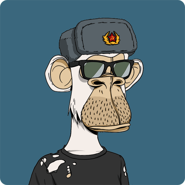 The image features a cartoon monkey wearing sunglasses, a hat with a Russian flag design, and glasses. The monkey appears to be dressed for a formal event or party, as indicated by its attire. The background of the image is blue, which complements the monkey's outfit. There are no texts present in the image, but there is a caption that reads "Ape #9669 Bought for 9.99 ETH 0x2946...a20b ... Return to Monke: opensea.io/collection/bor ... bored ape yacht club". This caption provides context about the monkey's story and its connection to the image.