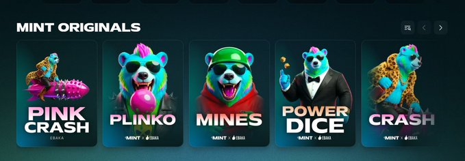 A "MINT ORIGINALS" gaming section displays five crypto casino games—Pink Crash (Erika), Plinko, Mines, and Crash—branded with "MINT" and "STAKE" logos, each featuring colorful bear mascots. The image showcases the PlayOnMint ($MNTD) gaming ecosystem, highlighting the platform's original games that would drive utility and value for the token after its TGE launch.