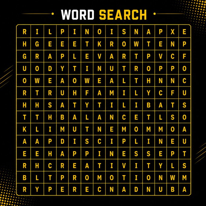 The image shows a "WORD SEARCH" puzzle on a black and gold background, featuring words like "GROWTH," "WEALTH," "FAMILY," "BALANCE," "HAPPINESS," "DISCIPLINE," "PROMOTION," and "CREATIVITY."

The puzzle cleverly connects to the post's message—"The first word you notice is what you need most right now"—by having viewers search the grid for positive life values, with whatever term catches their eye first serving as a subconscious reflection of what they currently crave or lack in their life.