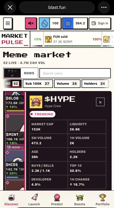 A mobile screenshot of the blast.fun meme market platform showing the $HYPE coin trending with 153K market cap and various token listings.