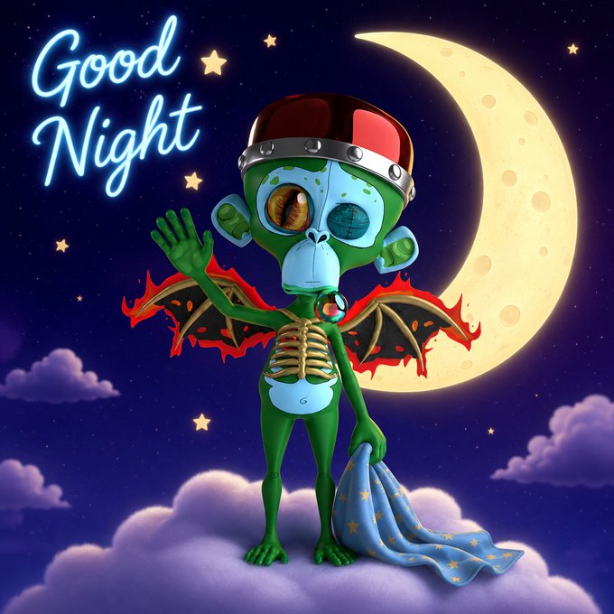 A 'Good Night' greeting image featuring a green zombie-like character with bat wings, holding a starry blue blanket, standing on a cloud against a night sky with a crescent moon, with neon text 'Good Night'.