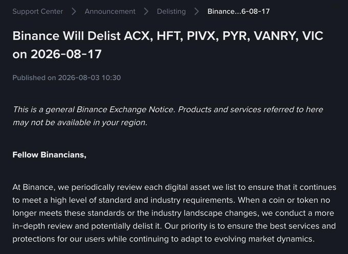 Binance support center announcement titled "Binance Will Delist ACX, HFT, PIVX, PYR, VANRY, VIC on 2026-08-17," published on 2026-08-03.