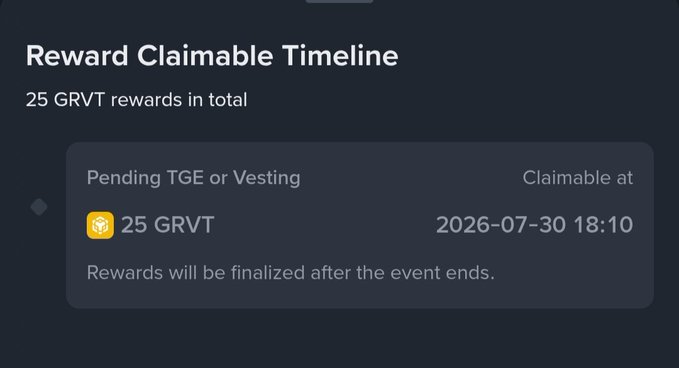 A UI screen titled 'Reward Claimable Timeline' showing '25 GRVT rewards in total' with 'Pending TGE or Vesting' for 25 GRVT claimable at 2026-07-30 18:10.