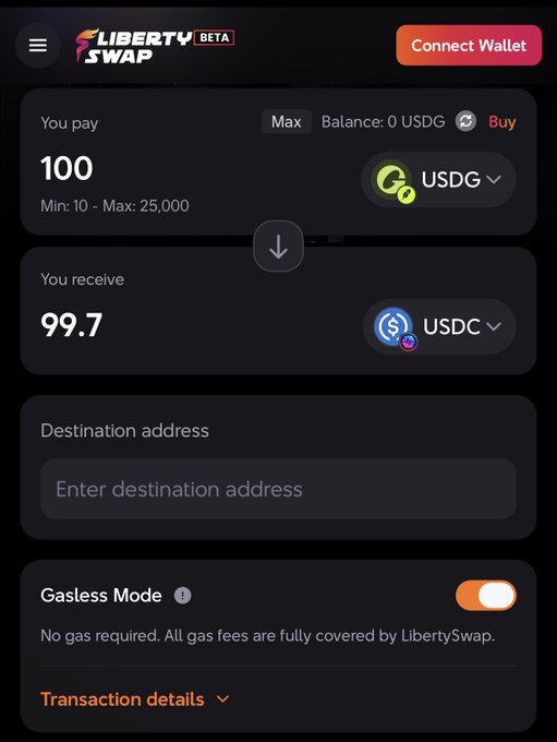 The image shows a LibertySwap BETA interface for swapping 100 USDG to 99.7 USDC, featuring a "Gasless Mode" toggle that confirms all transaction fees are covered by LibertySwap—aligning with the post's announcement of gasless bridging from Robinhood Chain to PulseChain.