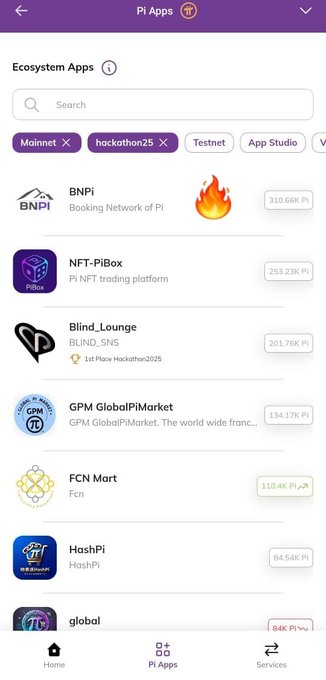 A screenshot of the Pi Browser "Pi Apps" ecosystem page displays BNPi (Booking Network of Pi) at the top of the list with 310.66K Pi staked, followed by NFT-PiBox (253.23K Pi) and Blind_Lounge (201.76K Pi). This visual confirms the post's claim that BNPi has taken the #1 spot among Hackathon25 apps on the Pi Network ecosystem.