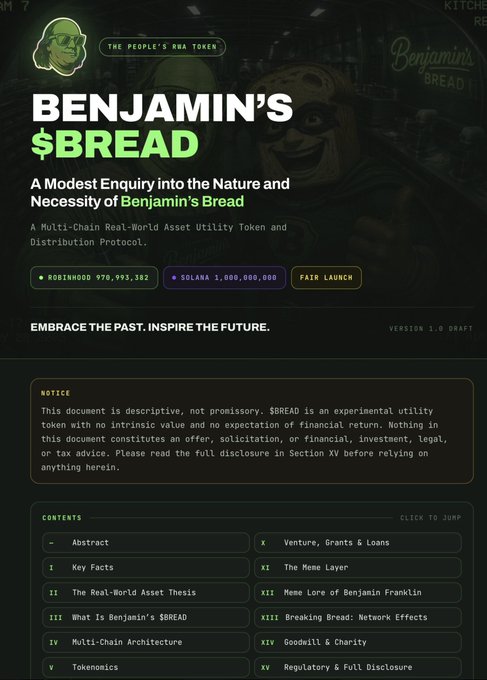 The image shows a white paper cover for "Benjamin's $BREAD," described as a Multi-Chain Real-World Asset Utility Token and Distribution Protocol (marked as The People's RWA Token), featuring a Robinhood Hood mascot logo with token stats of Robinhood 970,993,382 and Solana 1,000,000,000, plus a "Fair Launch" tag. The dark-themed page includes a disclaimer notice and a table of contents, and the caption relates as a teaser announcing the upcoming white paper drop and platform launch for the RWA-themed meme token promoted in the post.