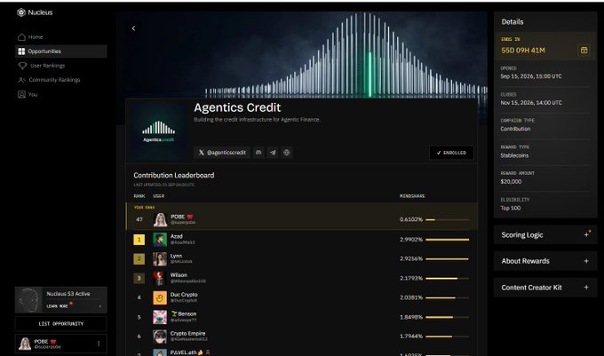 Screenshot of the Nucleus platform showing 'Agentics Credit' leaderboard with a contributor ranking list and USD 09H 41M value.