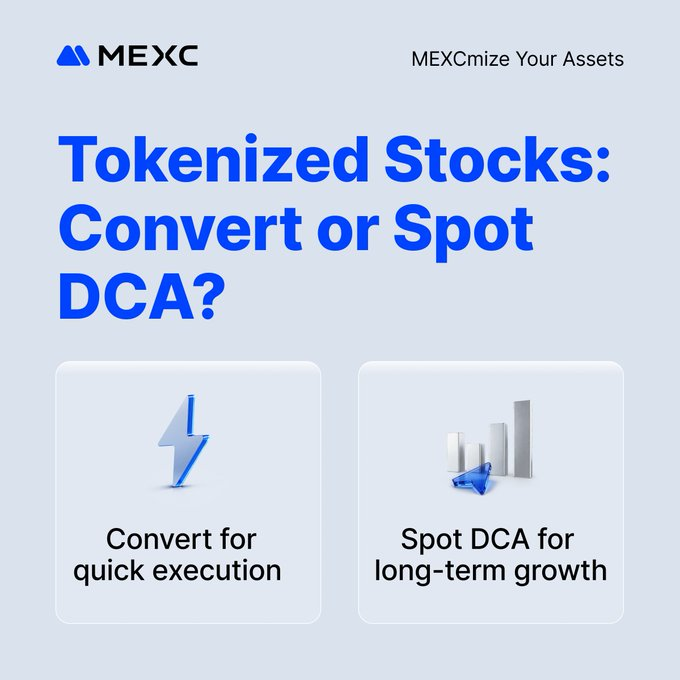 An advertisement for MEXC asks 'Tokenized Stocks: Convert or Spot DCA?' offering options for 'Convert for quick execution' and 'Spot DCA for long-term growth'.