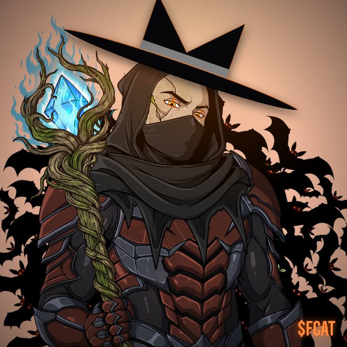 Digital artwork signed 'SFCAT' depicting a hooded, masked figure in dark armor holding a staff with a glowing blue crystal, set against a backdrop of black bats.