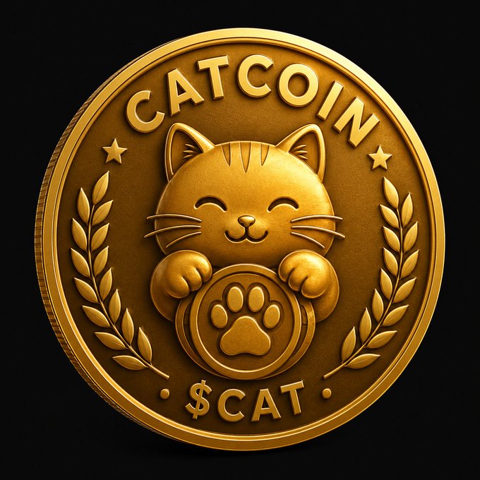 A gold-colored coin labeled 'CATCOIN' with '$CAT' at the bottom, featuring a smiling cat holding a paw-print emblem, flanked by laurel branches.