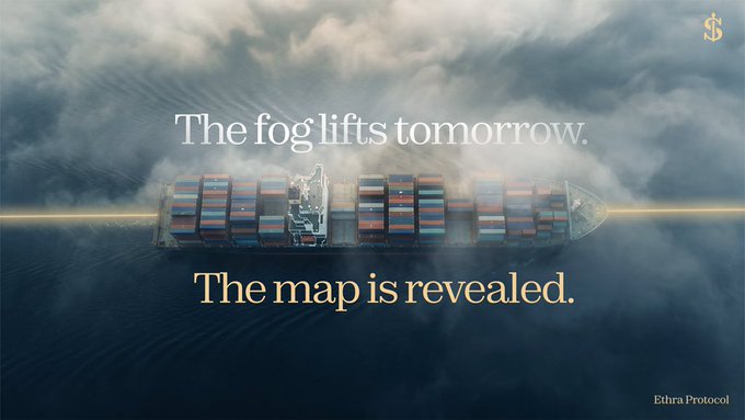An advertisement for 'Ethra Protocol' shows a cargo ship emerging from thick fog on the ocean, with the text 'The fog lifts tomorrow. The map is revealed.' and a gold dollar sign logo in the corner.