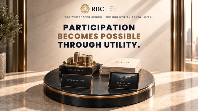 An RBC whitepaper promotional image titled 'PARTICIPATION BECOMES POSSIBLE THROUGH UTILITY' for 'THE RBC UTILITY TOKEN 03/09', showing a display with miniature buildings and labeled sections for Real Assets, Services, Opportunities, and Ecosystem Access.