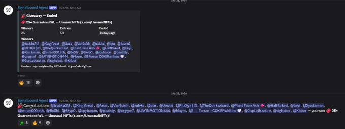 Discord messages from Signalbound Agent announcing giveaway winners and congratulations for a '25+ Guaranteed WL - Unusual NFTs' giveaway, listing several X/Twitter handles.