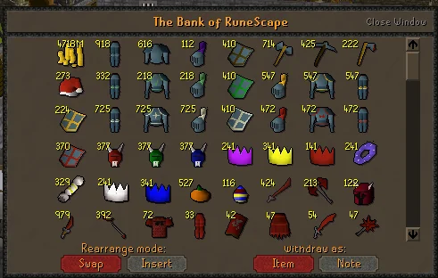 Screenshot of 'The Bank of RuneScape' inventory screen showing various items with quantities including armor, weapons, crowns, and potions.