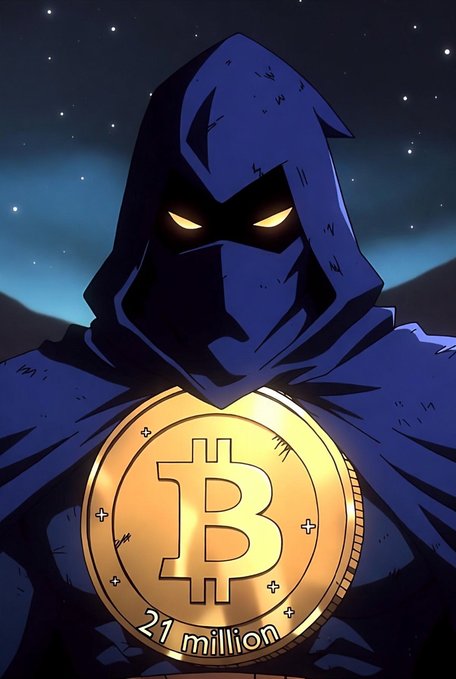 A digital illustration of a hooded shadowy figure with glowing yellow eyes holding a large gold Bitcoin coin marked with '21 million' against a starry night sky.