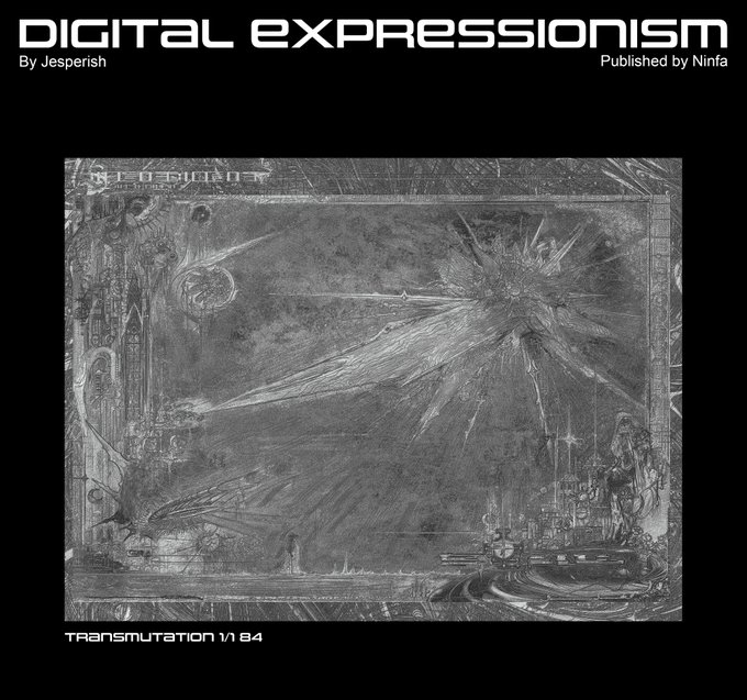 A piece titled 'TRANSMUTATION 1/84' from a collection called 'DIGITAL EXPRESSIONISM By Jesperish, Published by Ninfa,' featuring a surreal black-and-white cosmic scene.