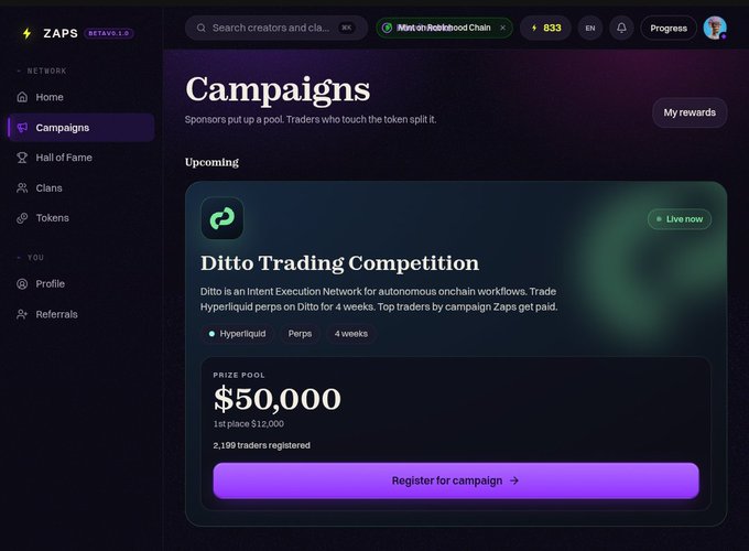 A screenshot of the 'ZAPS BETA V1.2' web interface showing a 'Campaigns' page with a 'Ditto Trading Competition' featuring a $50,000 prize pool and a 'Register for campaign' button.