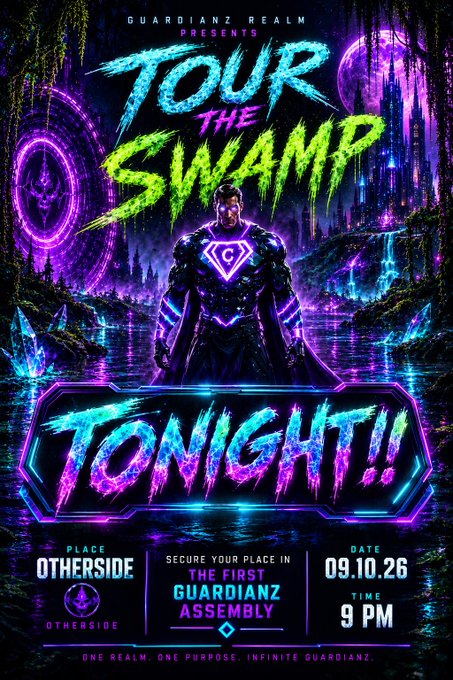 A vibrant neon event flyer for 'Guardianz Realm' titled 'TOUR THE SWAMP' featuring a futuristic armored warrior, announcing an event on 09.10.26 at 9 PM at Otherside.