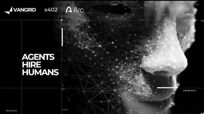 Black and white graphic featuring 'VANGRID', 'Arc', and 'AGENTS HIRE HUMANS' alongside a stylized digital face with network nodes.