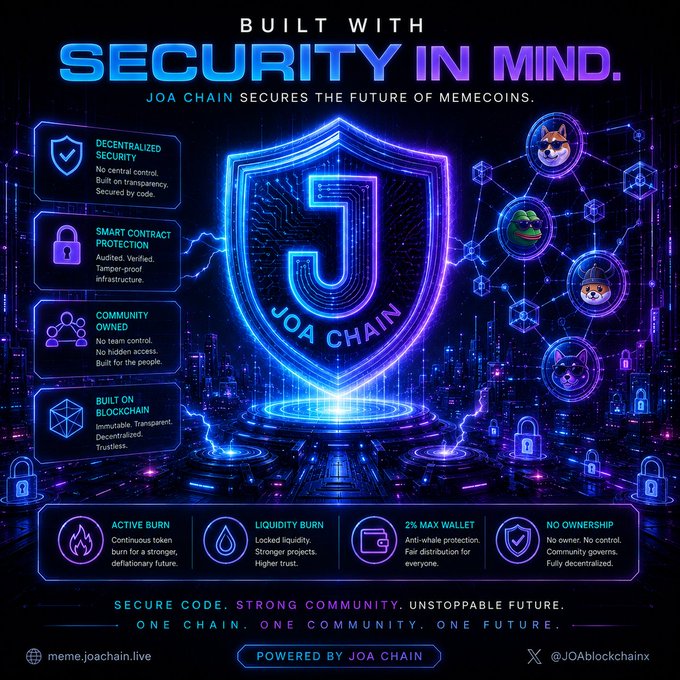 A promotional graphic for JOA Chain titled 'Built With Security In Mind' featuring a glowing blue shield logo and highlighting features like decentralized security, smart contract protection, active burn, and liquidity burn.