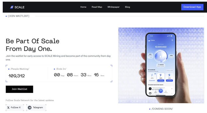 The image shows the Scale website waitlist page, displaying "Be Part Of Scale From Day One" alongside statistics of 109,312 people waiting and an 8-day, 33-minute, 16-second countdown to launch. This visually reinforces the accompanying post's claim that over 100,000 people have joined the waitlist and builds anticipation for the upcoming Scale Web App and Mobile App launches.