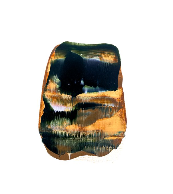 An abstract, painterly portrait with dark and golden-orange hues forms a face, blending seamlessly into a white background.