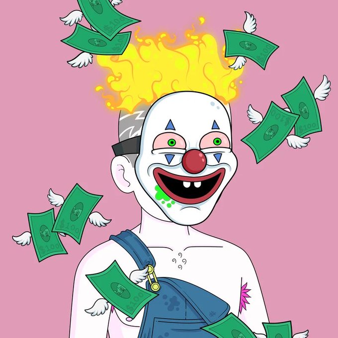 A cartoon clown with a flaming yellow head, white face paint, a red nose, and green drool, wearing blue overalls, stands against a pink background surrounded by flying green money bills with wings.