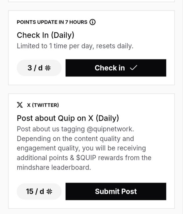 A rewards dashboard showing daily tasks: a Check In (Daily) option worth 3 points, and a 'Post about Quip on X (Daily)' task worth 15 points for tagging @quipnetwork, with points updating in 7 hours.