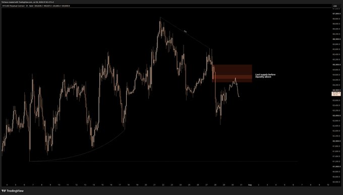 TradingView chart of Coinbase (COIN) showing a price range, a high point near $80,000, a flagged 'Last supply before liquidity drain' zone, and a descending trend.