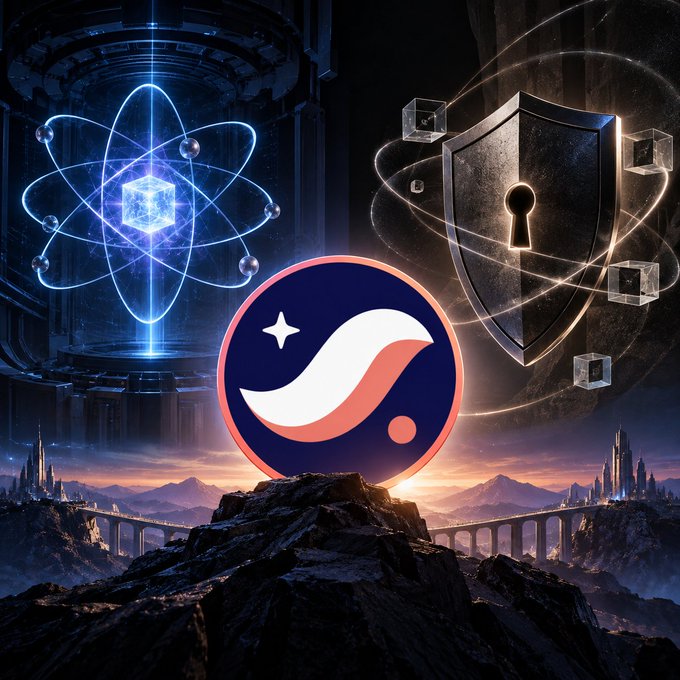 A digital artwork featuring a stylized logo with a wave design and star, set against a sci-fi landscape with an atom symbol, a shield, and futuristic cities connected by bridges.