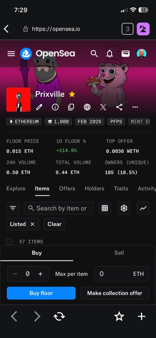 A mobile phone screenshot of the OpenSea NFT marketplace showing the 'Prixville' collection on the Ethereum network, with a floor price of 0.015 ETH, 24h volume of 0.50 ETH, and a 1D floor increase of +114.6%.