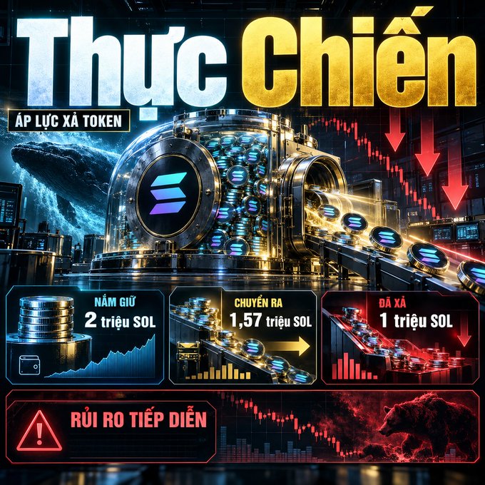 A Vietnamese infographic titled 'Thực Chiến' about token pressure on Solana (SOL), showing holding of 2 million SOL, transferring out 1.57 million SOL, and dumping 1 million SOL with 'RỦI RO TIẾP DIỄN' (continued risk) warning.