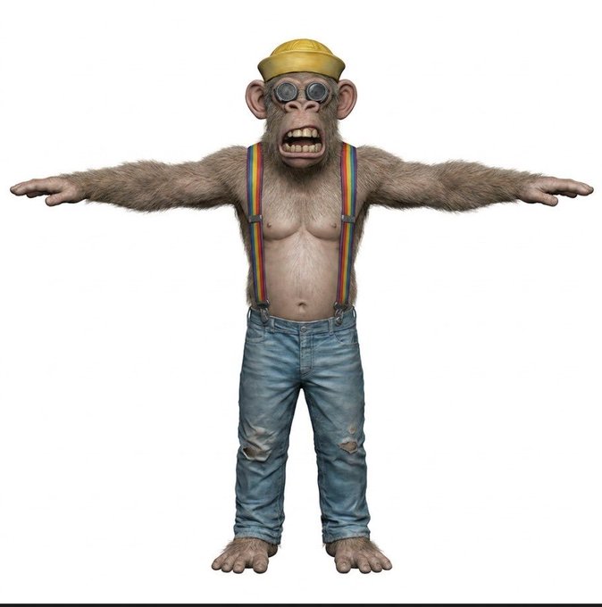 A 3D-rendered monkey character wearing a yellow sailor hat, goggles, rainbow suspenders, and torn blue jeans, posed in a T-pose against a white background.