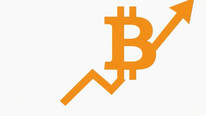 An orange Bitcoin (₿) symbol overlaid on an upward-trending arrow on a white background.