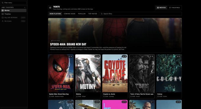 A dark-themed movie ticketing app interface displays "SPIDER-MAN: BRAND NEW DAY" as the featured film, with a row of upcoming releases including "Mutiny," "Coyote vs. Acme," "Toxic," and "Colony" below it—promoting the Cinema app where users can browse and purchase movie tickets.