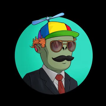A cartoonish 'propeller beanie' style logo featuring a man with a large mustache, sunglasses, a colorful cap, and a business suit against a bright teal circular background.
