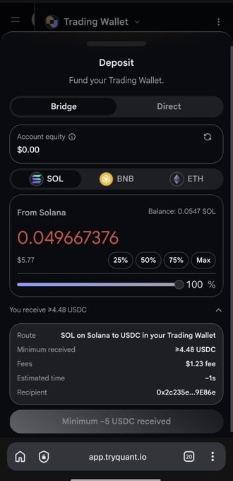 A mobile screenshot of the app.tryquant.io Trading Wallet deposit interface, showing a SOL to USDC bridge transaction of ~0.0497 SOL ($5.77) yielding approximately 4.48 USDC, with a 1.23 SOL fee.